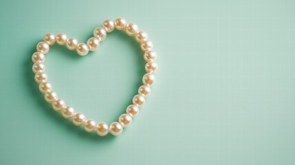 Heartshaped pearl necklace on soft pastel green background