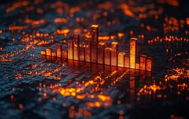 Glowing 3D Bar Chart Over Futuristic Cityscape with Expanding Map Background Business Expansion Concept