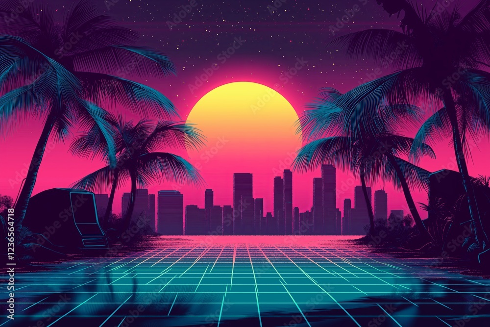 Aufkleber a retro-futuristic 80s sci-fi city with neon palm trees and synthwave vibes. --ar 3:2 --style raw --