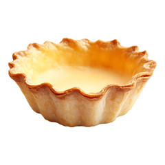 Fototapeta premium Empty baked pastry tart shell with crimped edges filled only with a thin layer of light custard isolated on transparent background.