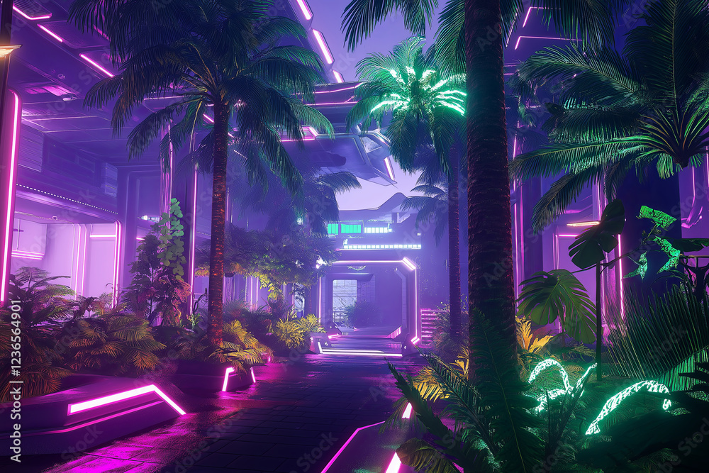 Poster a retro-futuristic 80s sci-fi city with neon palm trees and synthwave vibes