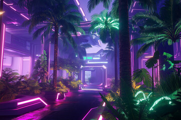 A retro-futuristic 80s sci-fi city with neon palm trees and synthwave vibes
