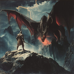 Knight Facing Dragon Across a Dark Chasm Under Gloomy Skies