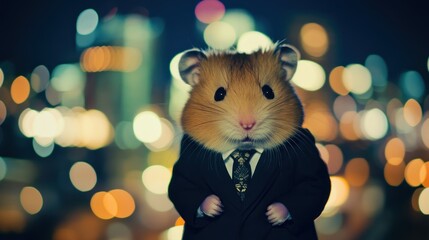 A cute hamster wearing a suit and tie, standing in front of the camera, with blurred city lights behind it. The background is blurry.