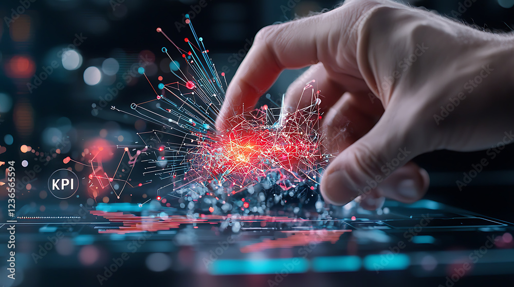 Poster data analysis process hand interacting with kpi metrics digital workspace graphic visuals futuristic