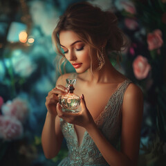 Elegant Woman Holding Perfume Bottle in Evening Dress