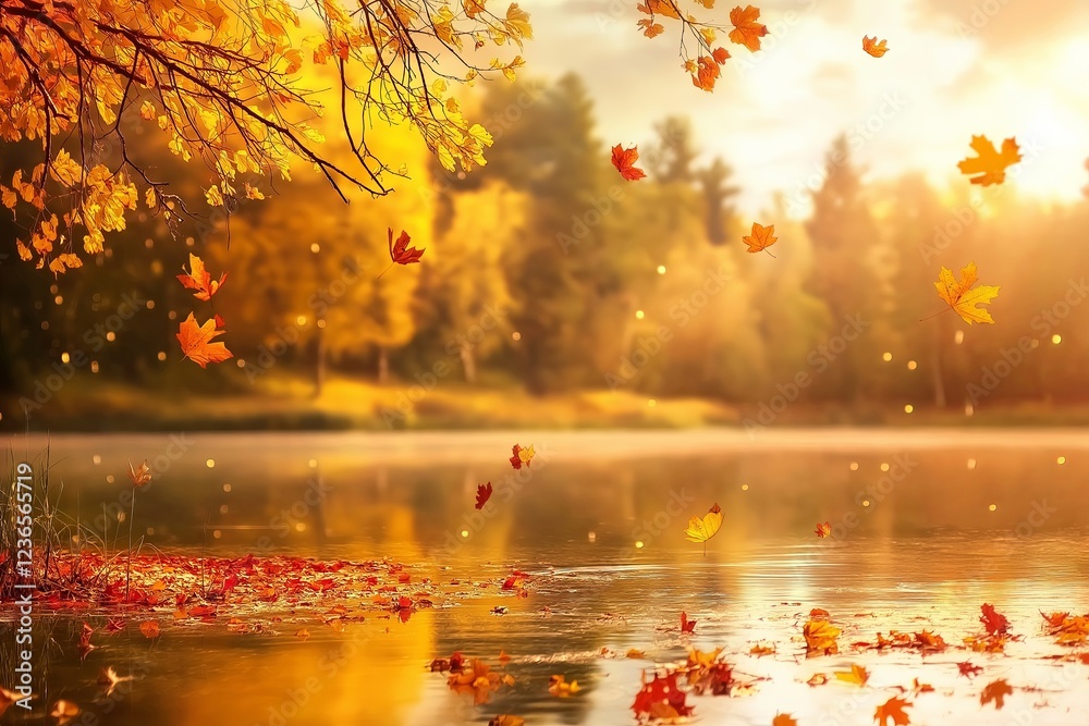 Poster a serene autumn lake with golden and red leaves floating on the water surface