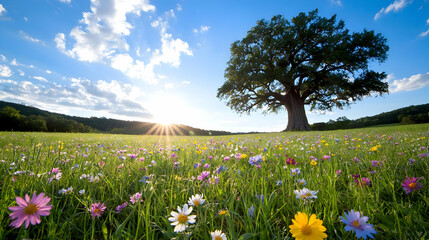 Majestic oak tree in sunset meadow; idyllic nature scene, perfect for serenity and calmness