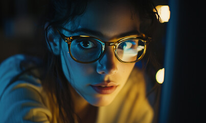 Young woman with glasses illuminated by soft lights, focused on a screen in a dark environment.