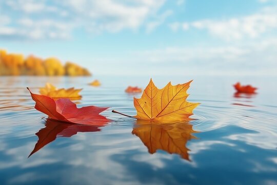 A serene autumn lake with golden and red leaves floating on the water surface