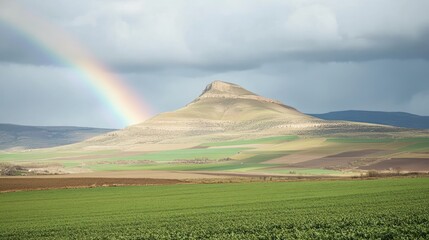 Obraz premium Majestic Rainbow Over Rolling Hills and a Mountain Peak