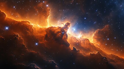 Fototapeta premium Fiery orange nebula with bright stars and cosmic dust clouds in deep space.