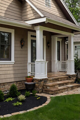 Captivating Craftsman Home Exterior: Stone Steps, Elegant Porch, and Lush Landscaping. A dream house with stunning curb appeal.