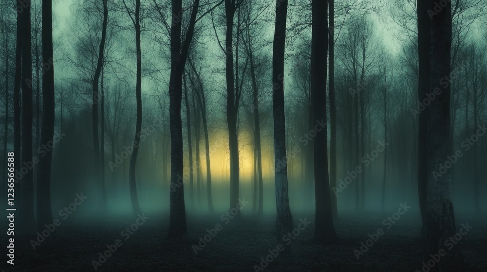 Poster calm morning mist envelops a tranquil lake with a weathered log resting on the serene water surface 