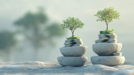 A series of stacks growing in height with trees on top, representing financial growth and green money, set against an outdoor background. 