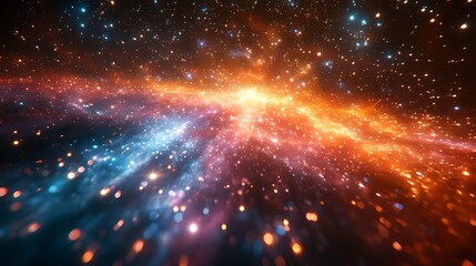 Obraz premium Abstract cosmic background with vibrant orange and blue nebulae, glittering stars, and glowing particles.