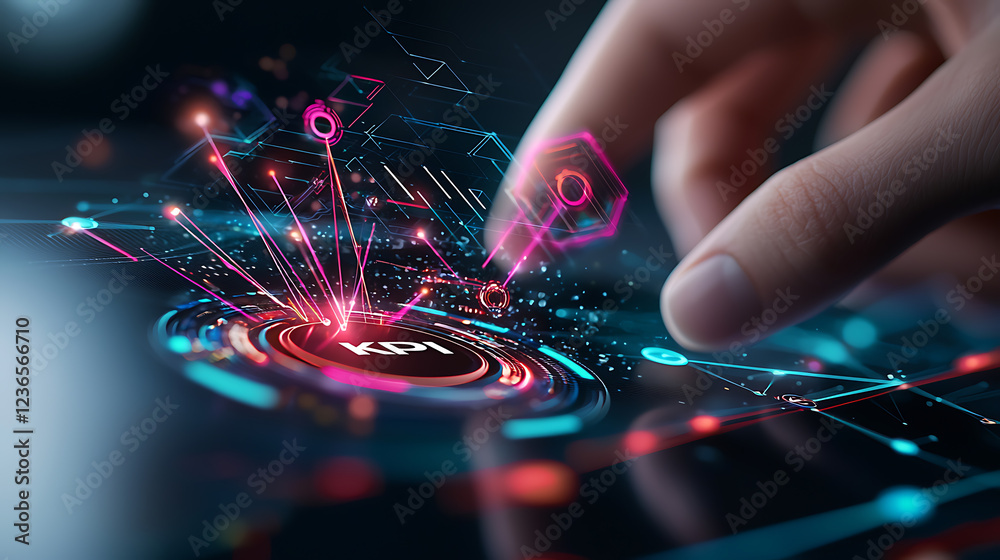 Poster digital interaction with kpi metrics in a futuristic workspace visual data analysis technology close