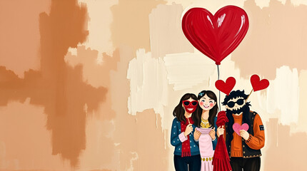 Cartoon Illustration of Three People Holding a Large Red Heart

