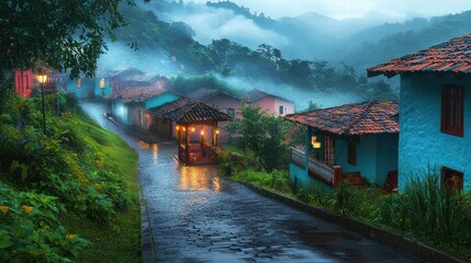 Fototapeta premium Serene mountain village with colorful houses and lanternlit gazebo
