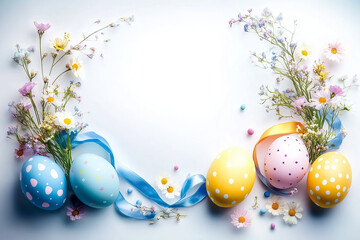Fototapeta premium Colorful easter eggs resting on a white surface are embellished with ribbons and surrounded by delicate flowers. A clean and inviting setup, perfect for festive occasions
