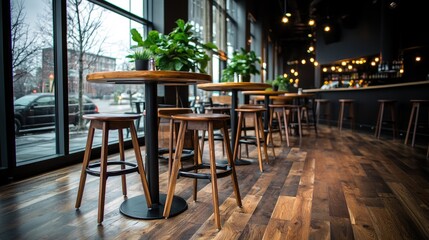Fototapeta premium Wooden bar stools and high tables with green plants stand inside a modern, empty cafe during the day.
