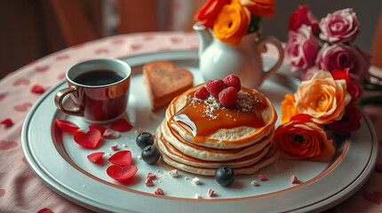 Romantic Breakfast with Pancakes, Coffee, Fruit, and Roses on Heart-Petal Plate


