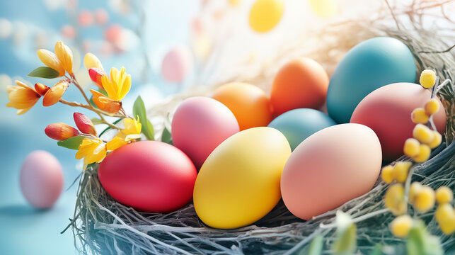 A collection of vibrant Easter eggs rests in a birds nest surrounded by natural elements, showcasing earthy colors and patterns while sunlight filters through a warm, inviting atmosphere