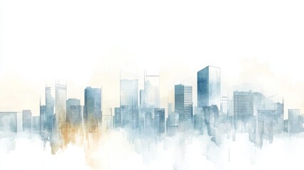 Dreamy watercolor sketch of a minimalist cityscape with modern buildings fading gracefully into a soft white background