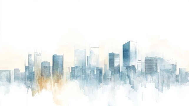 Dreamy watercolor sketch of a minimalist cityscape with modern buildings fading gracefully into a soft white background