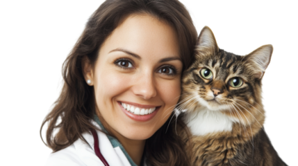 Veterinarian smiling and holding a cat with transparent background