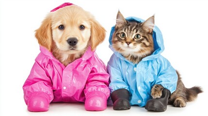 pet fashion influencer concept. Cute puppy and kitten wearing colorful raincoats, sitting together against a white background.