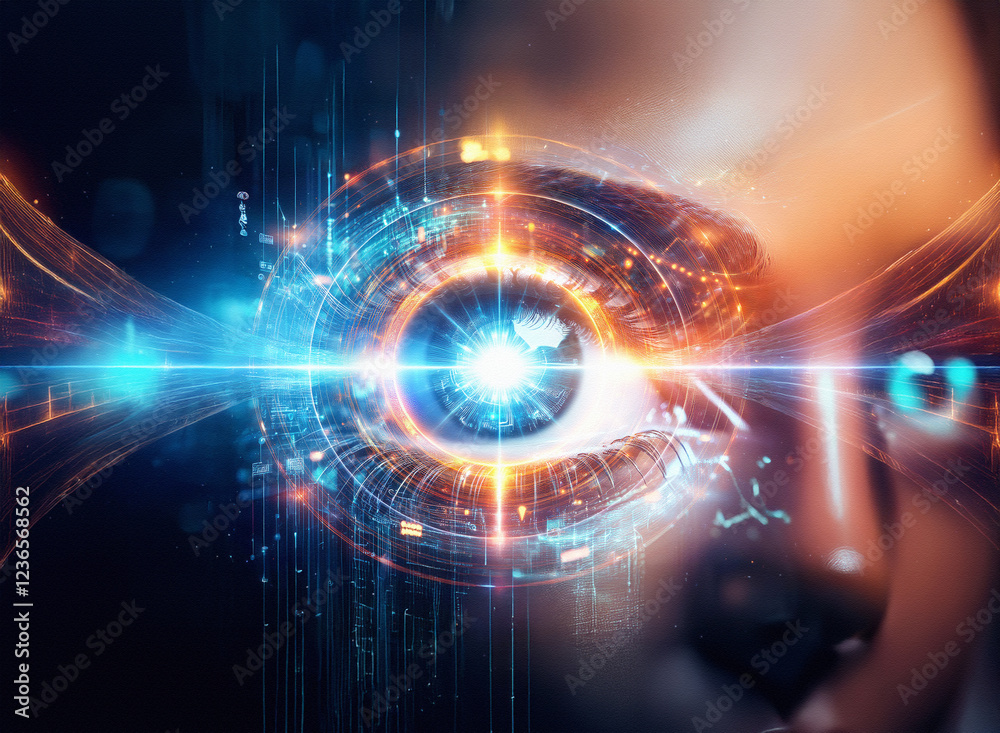 Poster abstract sci-fi double exposure image of a human eye, glowing with digital circuitry against a dark 