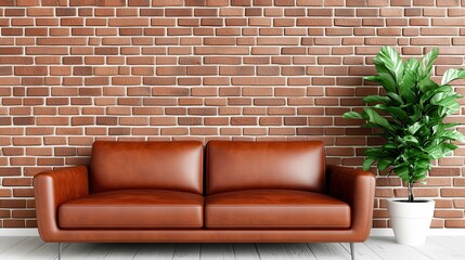 Fototapeta premium Modern Brown Sofa Against a Rustic Brick Wall with Green Plant