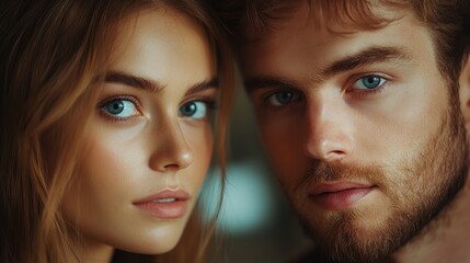 Obraz premium Young couple with striking blue eyes gazing intensely at the camera in a softly lit indoor setting during the golden hour