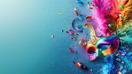 Obraz premium Colorful Feathered Masquerade Mask And Confetti Fun