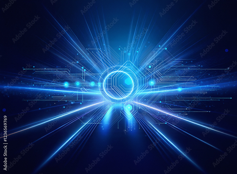 Poster Abstract sci-fi double exposure background. Glowing blue light streaks radiate from a central circular element, creating a futuristic and dynamic visual.