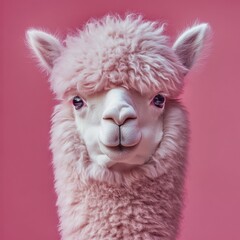 Pink background highlights the fluffy face of a friendly alpaca with an expressive gaze in a cheerful setting