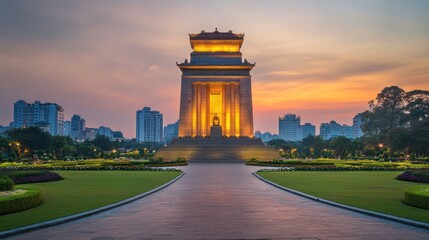 Obraz premium Magnificent Sunset View of the Ho Chi Minh Mausoleum in Hanoi, Vietnam
