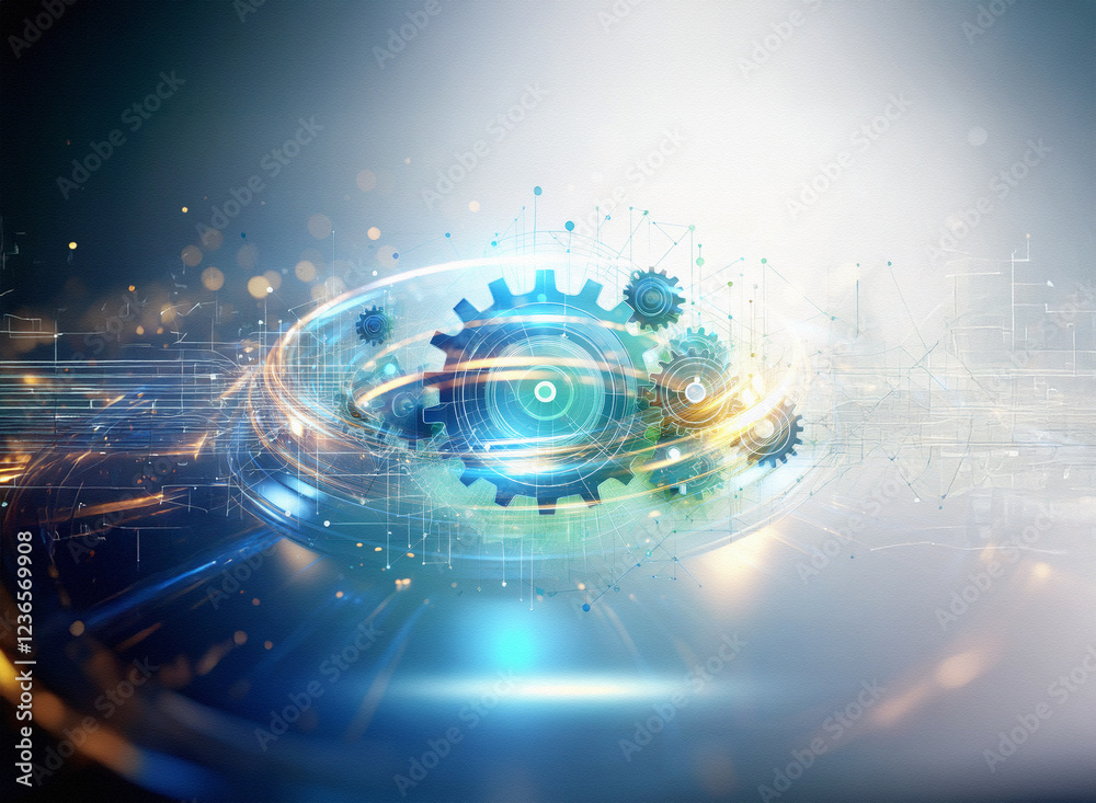 Poster abstract sci-fi double exposure background image featuring glowing gears and swirling energy, sugges