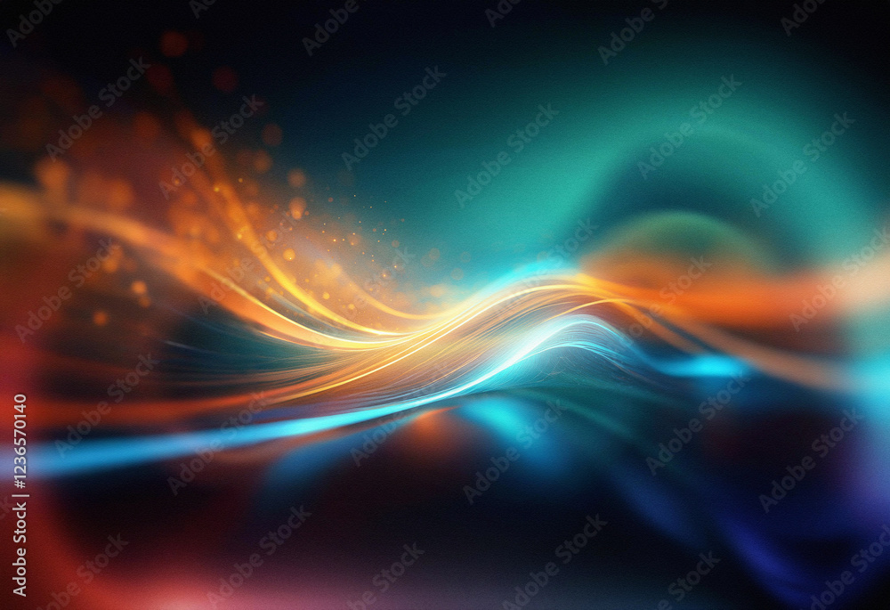 Poster abstract sci-fi background featuring a double exposure of vibrant, flowing orange and teal light wav