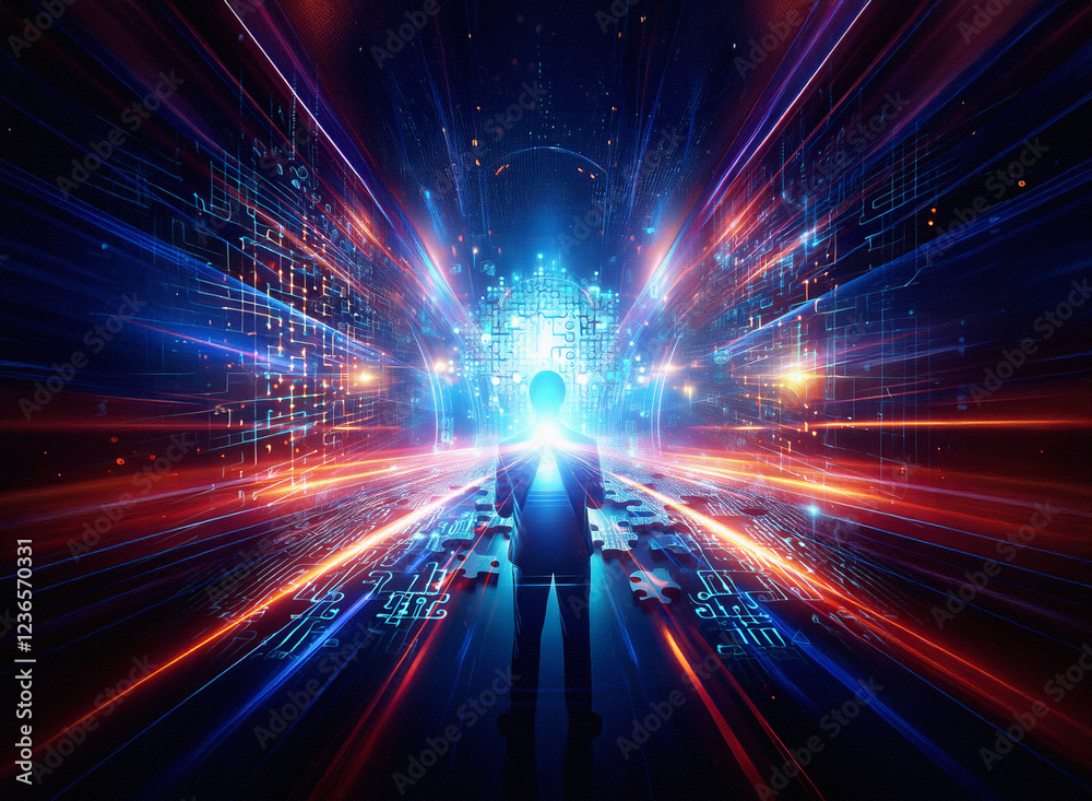 Fototapete Abstract sci-fi double exposure image. A figure stands on a path of light and puzzle pieces, surrounded by a vibrant, digital background.  The scene evokes a sense of futuristic technology and explora