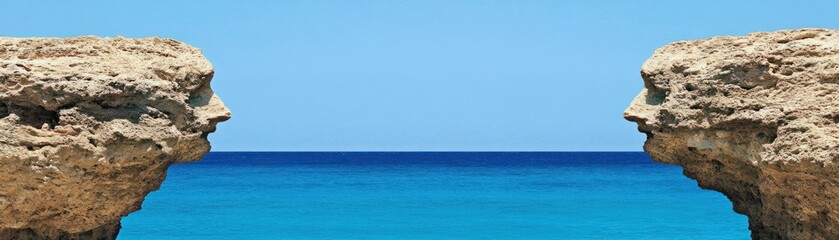 Obraz premium Stunning Coastal Rock Formations Resembling Human Faces Overlooking Crystal Clear Turquoise Ocean Water Under Bright Blue Sky