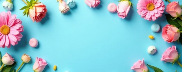 Blue bordered flatlay showcasing pastel party items, top-down view , bright, arrangement, flatlay