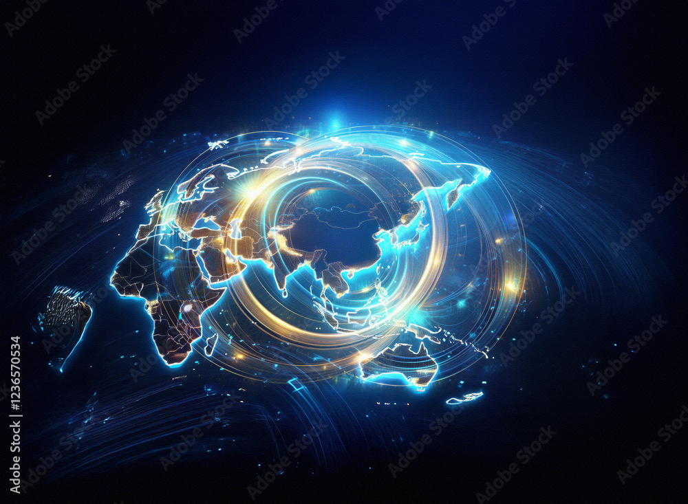 Poster Abstract sci-fi double exposure image.  A glowing world map is encircled by a vibrant ring against a dark blue background.  Digital energy flows around the globe.