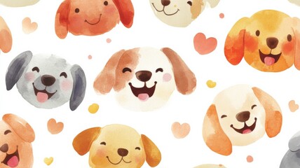 Fototapeta premium Playful watercolor depiction of cheerful dog face emojis in warm pastel colors on a bright white background