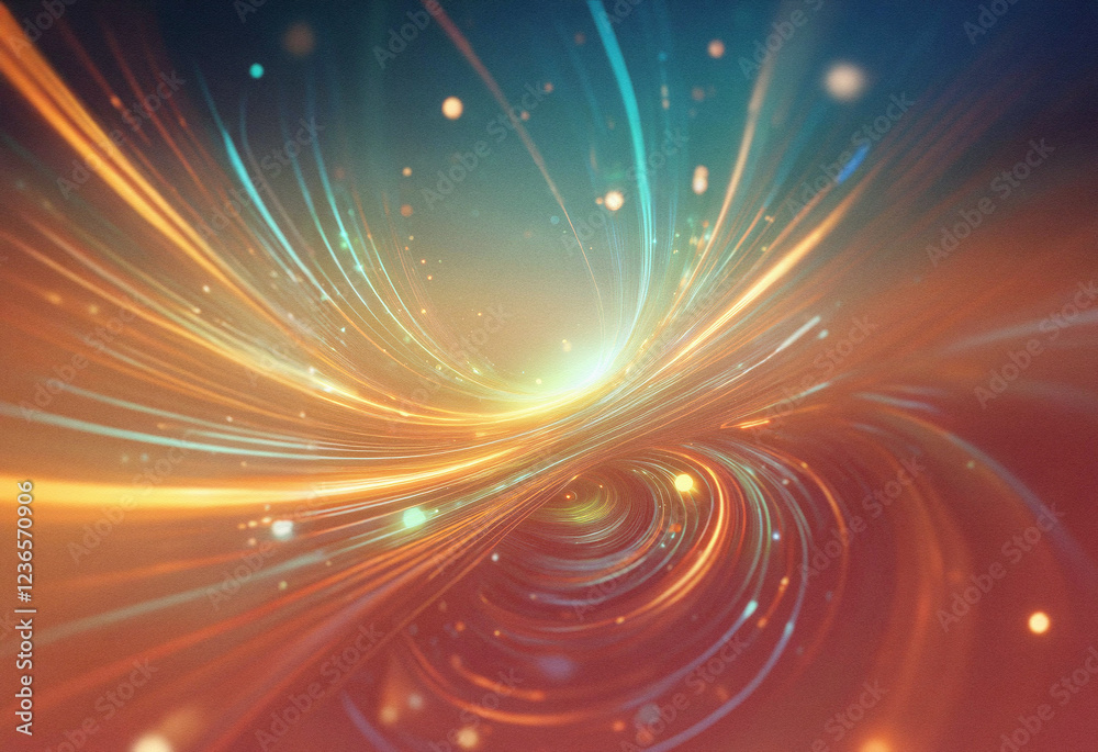 Poster Abstract sci-fi double exposure background image featuring swirling, luminous lines of orange and teal, creating a vortex effect.  Particles of light add depth.