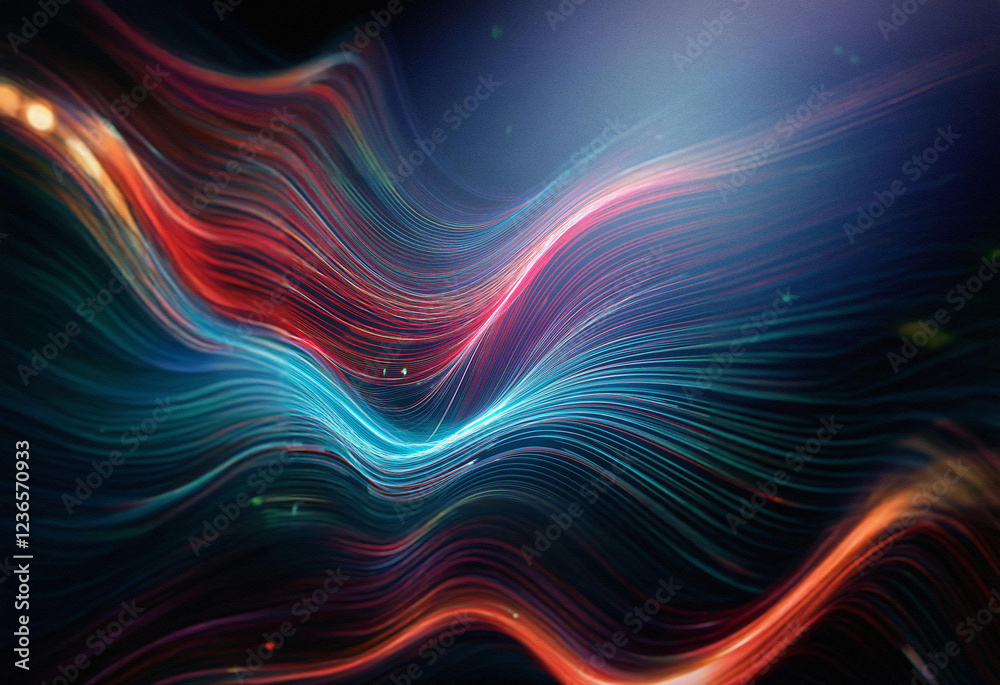 Poster Abstract sci-fi background featuring a double exposure effect.  Vibrant, flowing lines of red, blue, and teal create a dynamic, wavy pattern against a dark backdrop.  Glowing particles add depth.