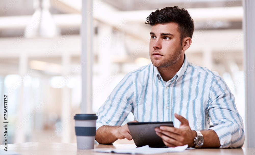 Poster thinking, office and business man with tablet for ideas, solution and insight for online research. c