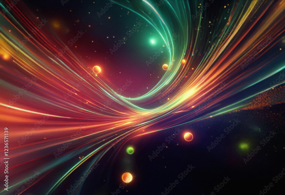 Poster abstract sci-fi double exposure background image featuring vibrant, swirling light trails and glowin