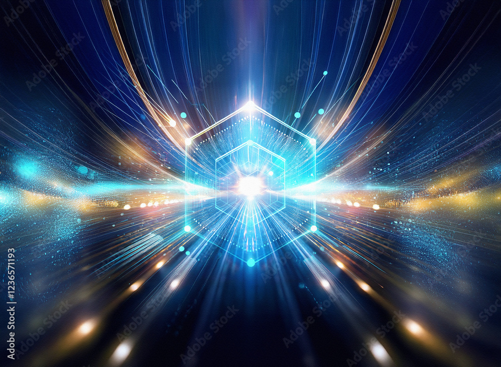 Poster abstract sci-fi double exposure background. glowing hexagon at center, radiating light streaks and c